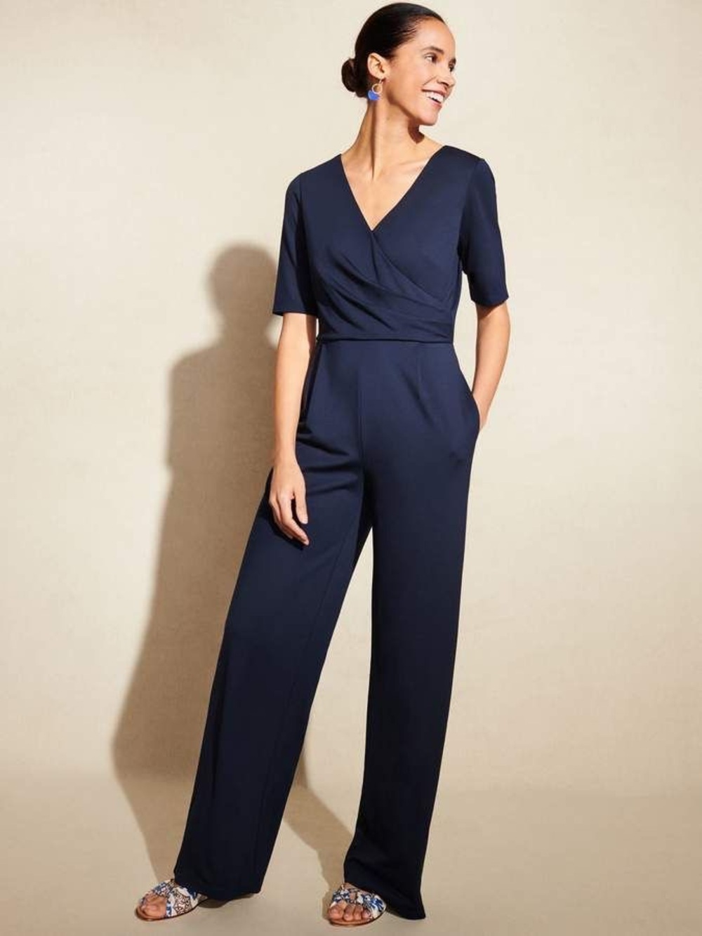 J.McLaughlin navy blue Wide-Leg Jumpsuit bohemian casual preppy chic classy sma
